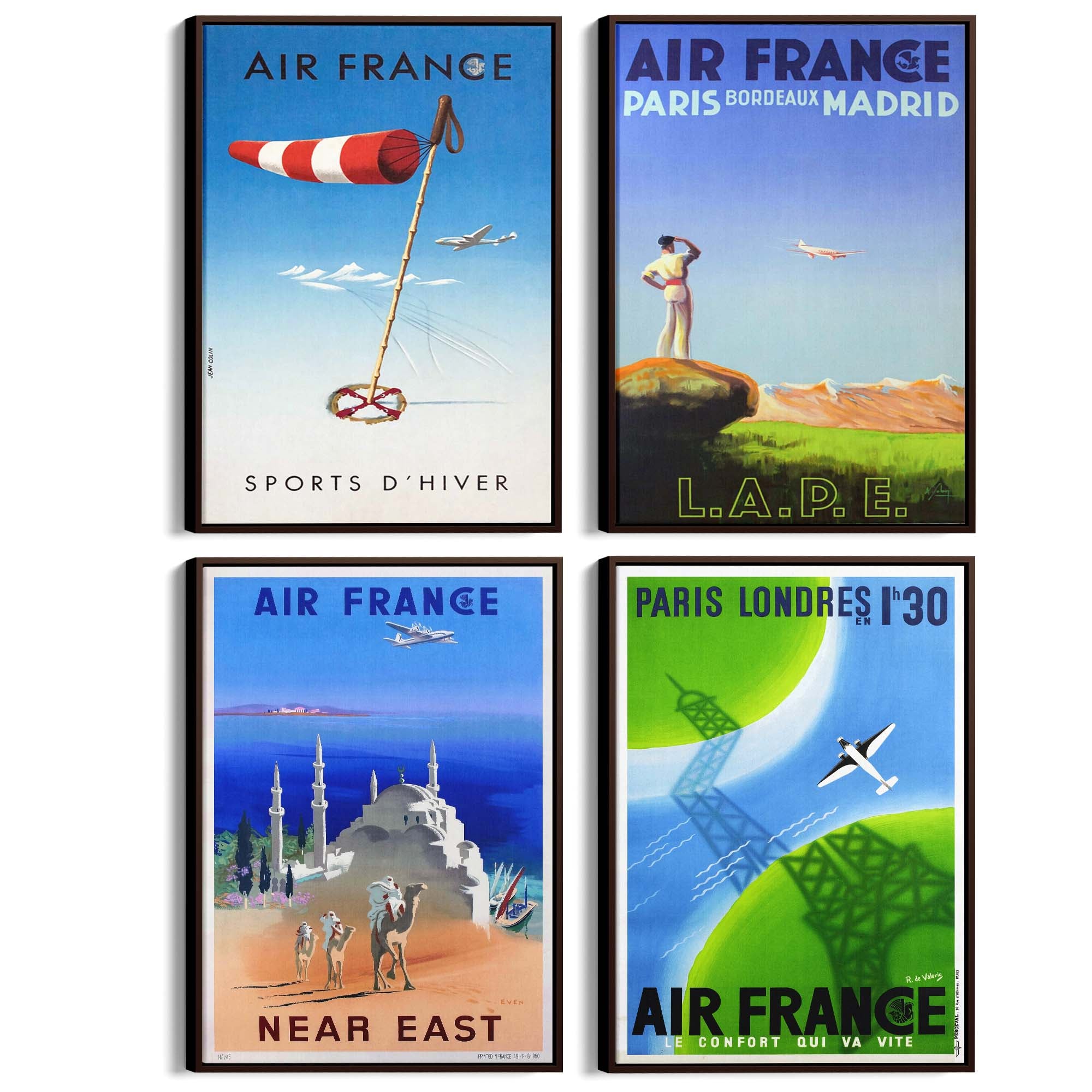 Set of 4 Vintage Air France Travel Advertisements Wall Art - The Affordable Art Company
