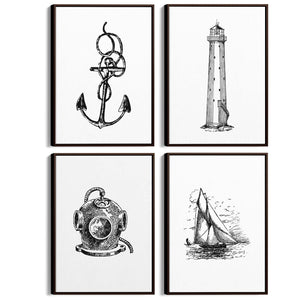 Set of 4 Nautical Drawings Coastal Style Wall Art - The Affordable Art Company