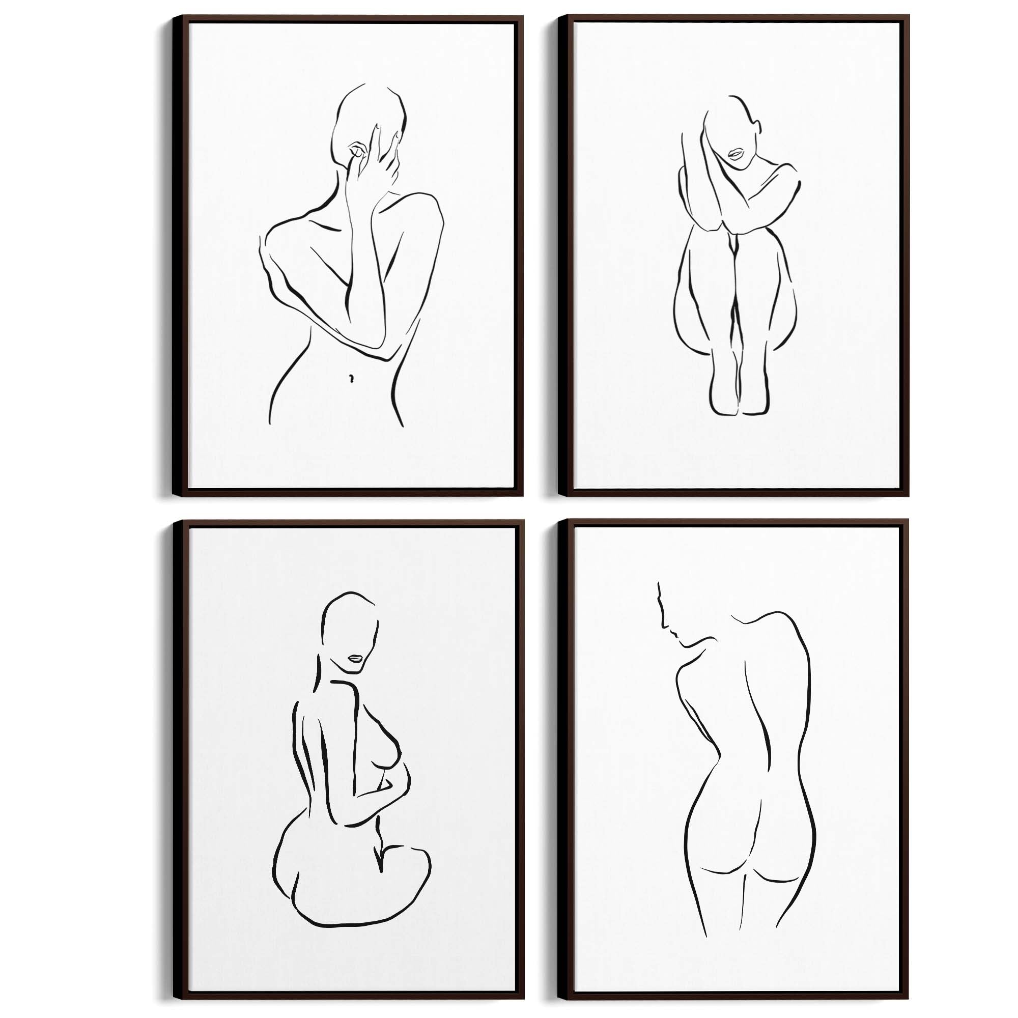 Set of 4 Nude Female Shape Bedroom Minimal Line Art - The Affordable Art Company