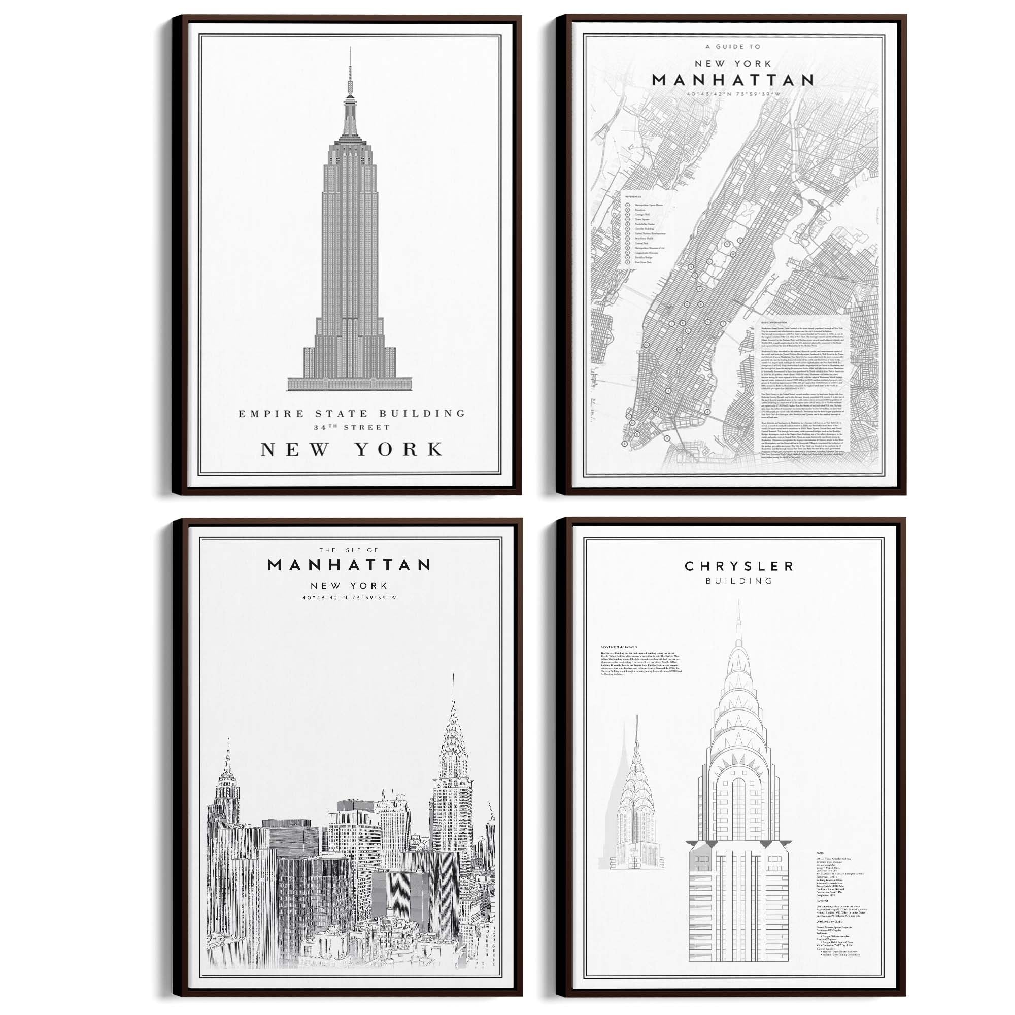 Set of 4 New York City Line Drawings Wall Art - The Affordable Art Company