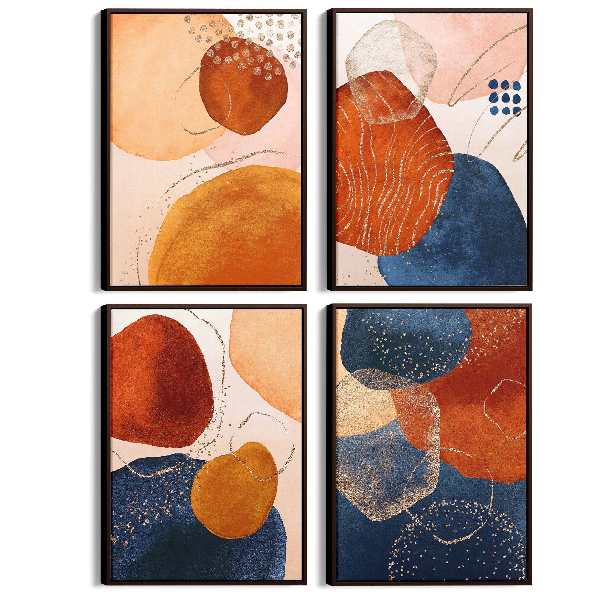 Set of 4 Abstract Blue, Peach and Orange Painting Wall Art - The Affordable Art Company