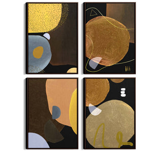 Set of 4 Abstract Yellow, Orange and Black Shape Painting Wall Art - The Affordable Art Company
