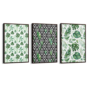 Set of 3 Green Leaf Pattern Nature Wall Art - The Affordable Art Company