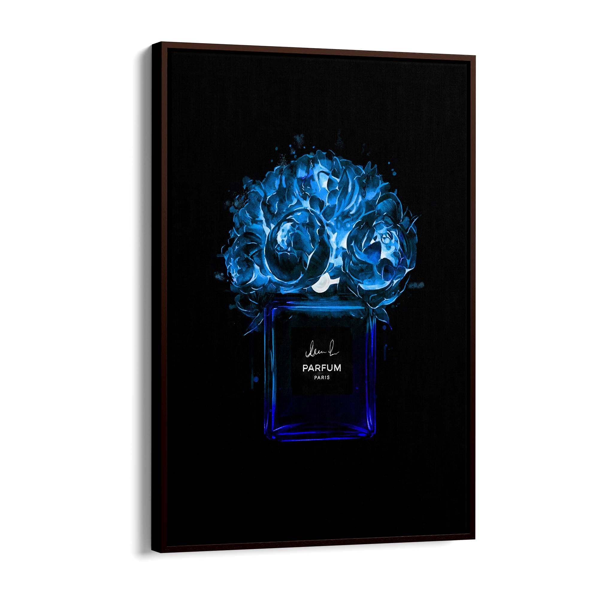 Neon Blue Floral Perfume Bottle Fashion Wall Art - The Affordable Art Company