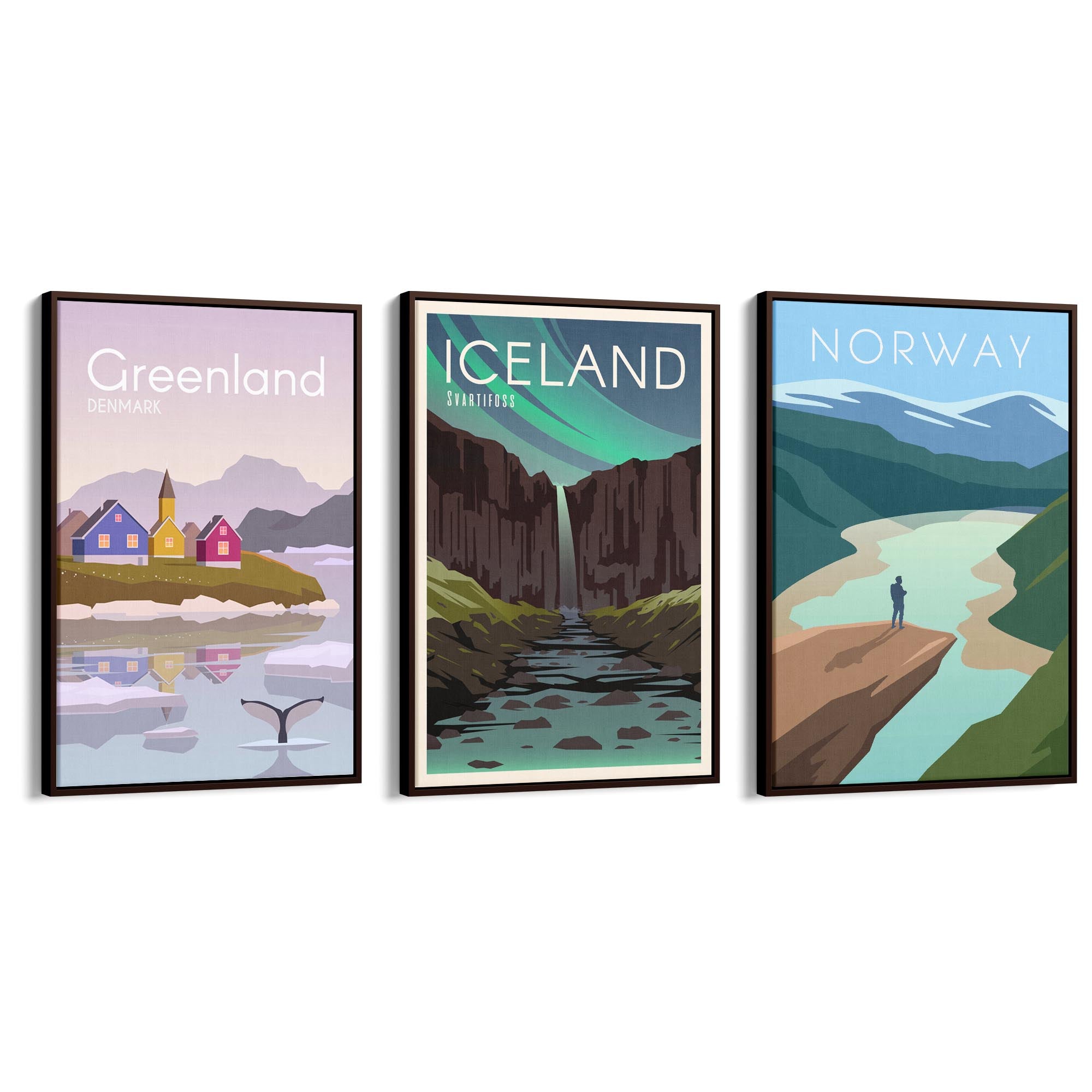 Set of Retro Travel Wall Art (Norway, Iceland, Greenland) - The Affordable Art Company